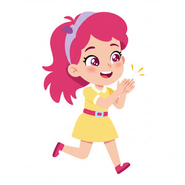 Vector art of happy cartoon girl with pink hair running and clapping