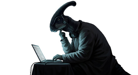 Pixel art dinosaur wearing headphones at laptop computer