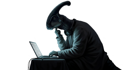 Pixel art dinosaur wearing headphones at laptop computer