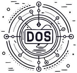 DOS Text Encapsulated in a Geometric Circular Design Featuring Concentric Circles and Dot Patterns