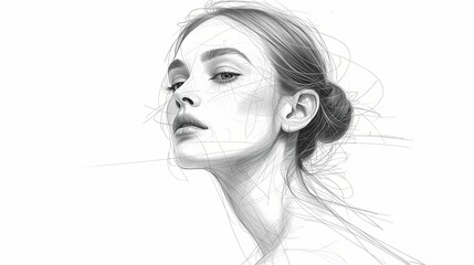 a rough pencil sketch of young woman on a plain white background with loose lines and minimal shading, focusing on capturing the basic forms and proportions of the subject