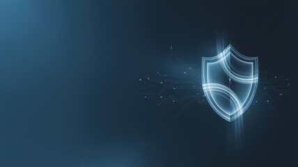Glowing futuristic shield icon representing cybersecurity and data protection on a dark blue background