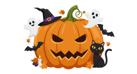 Pixel Art Halloween Pumpkin With Ghost Black Cat Hat And Bats Isolated