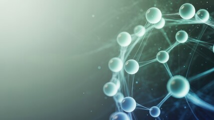 Molecular structure abstract background featuring connected spheres and complex network threads.
