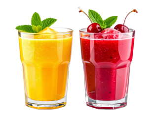 Two vibrant smoothies, one golden yellow and one bright red, chilled in glass cups, d 