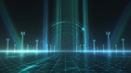 Multiple glowing communication towers transmitting high-speed data across a futuristic digital grid landscape.