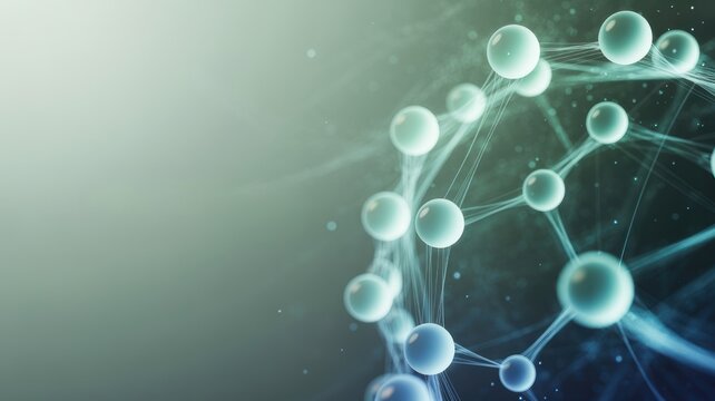 Molecular structure abstract background featuring connected spheres and complex network threads.