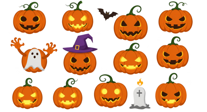 Pixel Art Halloween Pumpkins Ghost Bat Candle Isolated On Black Background