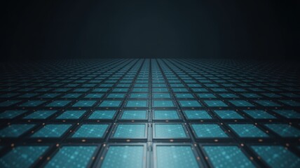 Vast technological digital surface featuring glowing blue square panels receding into the dark background