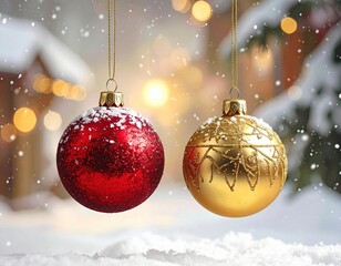 Two Christmas baubles, red with glitter and gold, hanging delicately with soft snow falling around them.