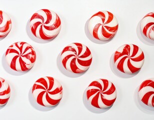 Red and white candies neatly placed in a minimalist style on a clean white background.