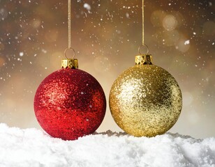 Sparkling red and gold Christmas baubles, suspended with thin strings and a light snowfall behind.