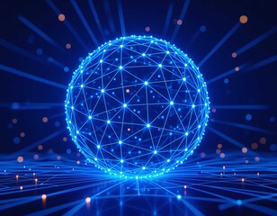 Blue sphere network data shows global digital technology connection concept