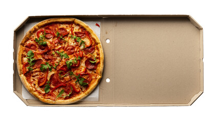 Pepperoni pizza with bell peppers and arugula in open carton box on transparent background