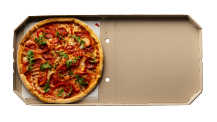 Pepperoni pizza with bell peppers and arugula in open carton box on transparent background
