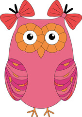 Pink cartoon owl with floral eyes and bows, whimsical vector illustration, children’s art, cute animal character, playful decorative design