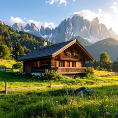 Wooden cabin in lush green meadow with mountain peaks in the background
