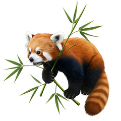 Isolated Red Panda Climbing Bamboo Transparent Background Realistic Illustration