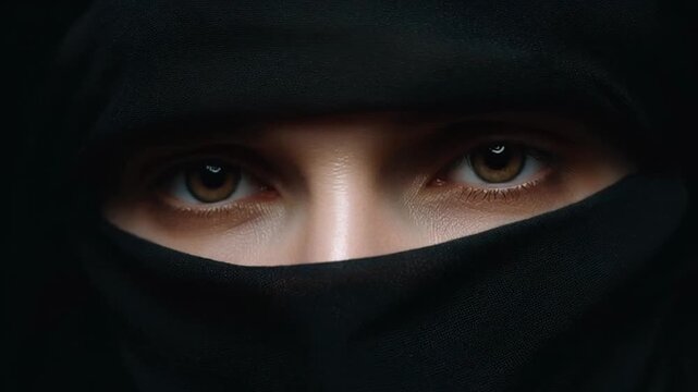 Mysterious gaze under dark veil, cultural expression with deep focus, introspective look during Ramadan or cultural festival