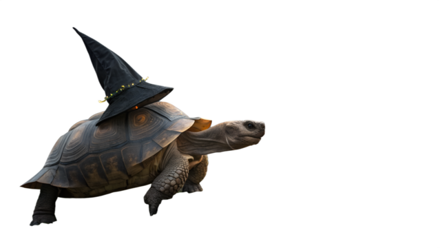 Adorable tortoise wears a tiny witch hat, perfect for Halloween projects and whimsical designs!