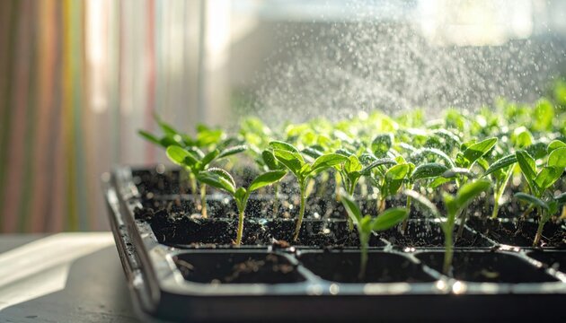 seedling tray under window stripes fine mist particles catching light soft green mood minimal scene