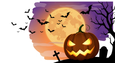 Pixel art illustration of scary pumpkin with bats and full moon