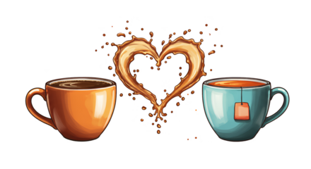 Pixel art illustration of two cups of coffee and tea forming heart shape splash