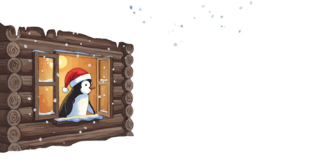 Pixel Art Illustration Penguin in Log Cabin Window at Night