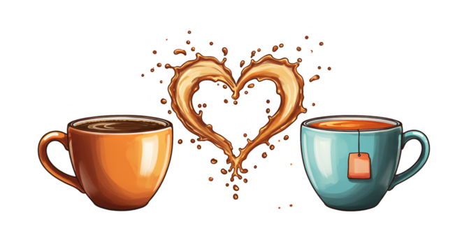 Pixel art illustration of two cups of coffee and tea forming heart shape splash - Powered by Adobe