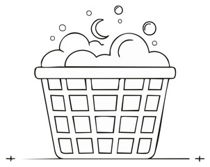 Laundry basket overflowing with soap suds and bubbles with a crescent moon symbol