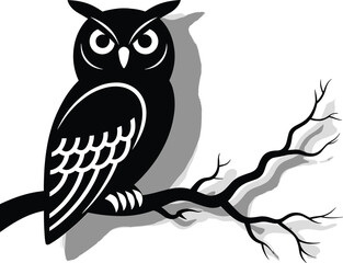 Stylized owl perched on twisted branch, black-and-white vector illustration, dramatic silhouette design, fierce eyes, artistic wildlife graphic emblem