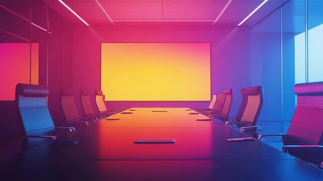 Futuristic corporate meeting room interior with vibrant neon lighting