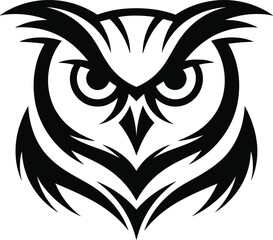 Tribal owl face vector, black and white symmetrical design, fierce eyes, abstract feathers, sharp lines, bold wildlife tattoo logo illustration
