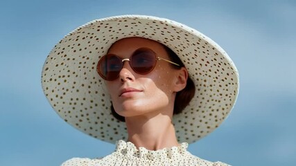 Caucasian woman in a wide-brimmed hat, vintage sunglasses evoke a retro summer vibe, clear blue sky suggests a serene holiday atmosphere - Powered by Adobe