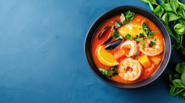 Vibrant bowl of seafood soup featuring shrimp, mussels, and fresh vegetables, garnished with herbs and citrus slices, evokes sense of warmth