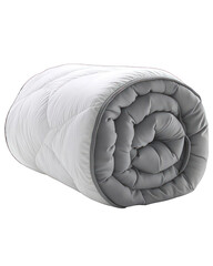 Rolled white comforter with grey lining, quilted texture against black background