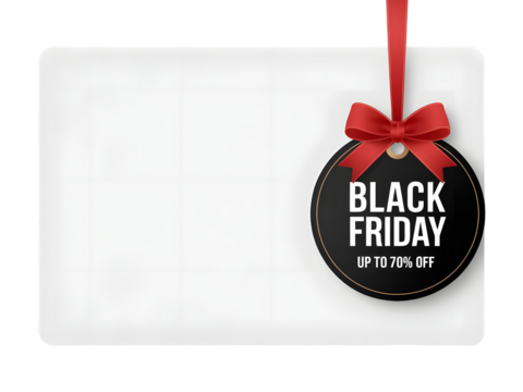 Black friday sale tag with up to 70 off discount, isolated on transparent background