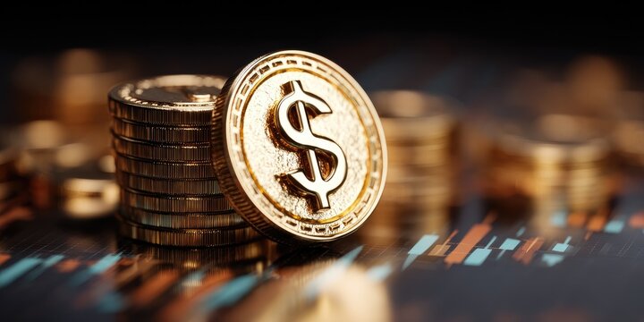 A 3D render of a shiny golden dollar symbol placed - Powered by Adobe