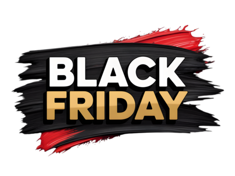 Black friday sale text with dynamic brush stroke and red accent isolated on transparent background