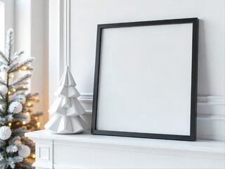 Minimalist Christmas mantel with black frame, warm fairy lights, and festive silver decor