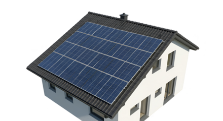 Realistic 3d House With Solar Panels On Roof Over Transparent Background