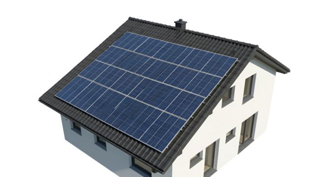 Realistic 3d House With Solar Panels On Roof Over Transparent Background