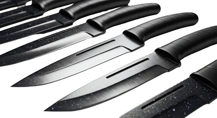 Realistic 3D Render Dark Knives with Speckled Blades on Black Background