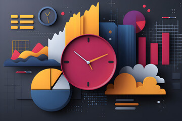 Time and Data Visualization: A dynamic visual representation of time management and data analysis, featuring a prominent clock surrounded by charts, graphs, and other infographic elements.