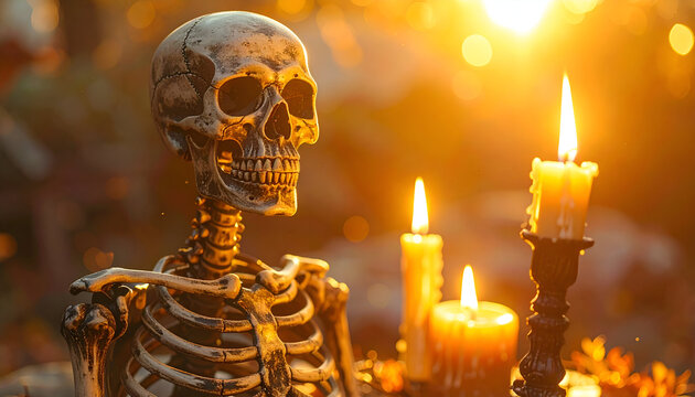 Atmospheric scene of a skeleton surrounded by burning candles.