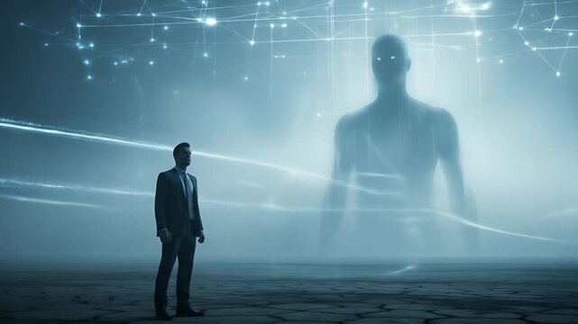 Man Encounters Giant Holographic Being in a Futuristic, Mystical Landscape.