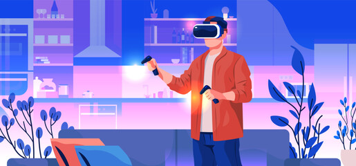 Man using virtual reality headset gaming controllers modern kitchen interior plants sofa colorful futuristic home entertainment