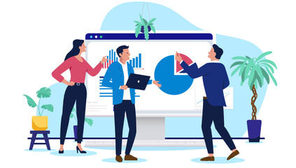 Business team analysing financial data and charts displayed on a large monitor during a meeting, symbolising strategic planning and company analysis in a flat design vector illustration