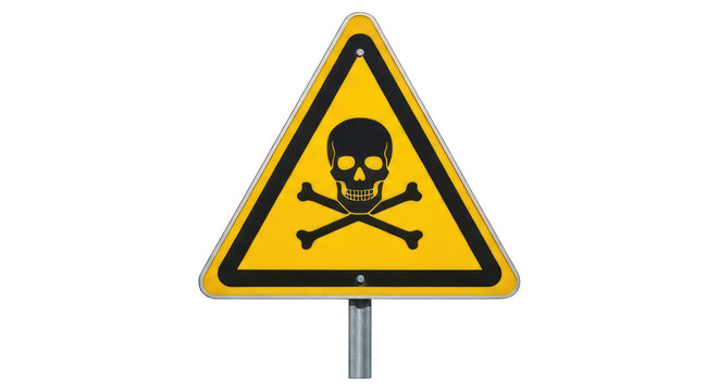 Skull & crossbones on yellow sign; triangular hazard symbol on pole