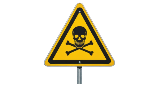 Skull & crossbones on yellow sign; triangular hazard symbol on pole